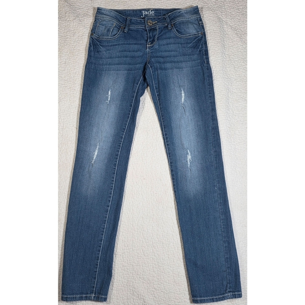 Jade Women's Classic Blue Straight Leg Distressed Jeans